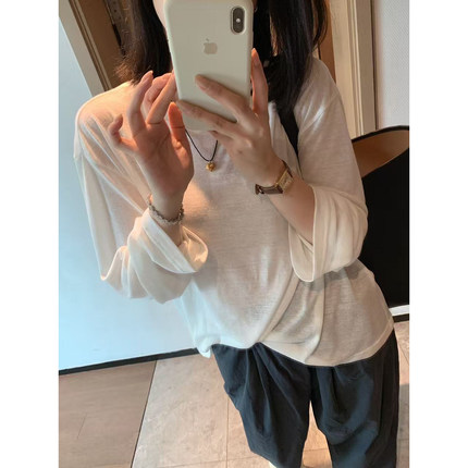 Juicefish长在我审美上 小众设计慵懒风亚麻长袖宽松圆领打底衫女