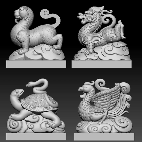 STL四大神兽圆雕图青龙白虎朱雀玄武三维雕塑玉雕立体打印3D模型