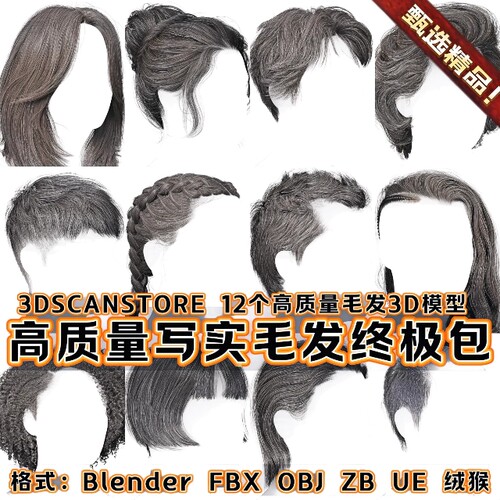 12款高质量帅哥美女地中海头发插片毛发多种格式模型3DScanStore