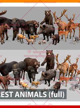 Unity3d森林动物野猪羚羊梅花鹿狗熊兔子狼狗牛成年幼崽模型动画