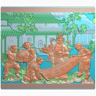 五子登科精雕图浮雕图古代人物图石雕木雕浮雕图灰度图古建寺庙