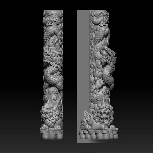 狮子龙柱祥云盘龙柱莲花STL格式圆雕图三维精雕文件3D打印模型