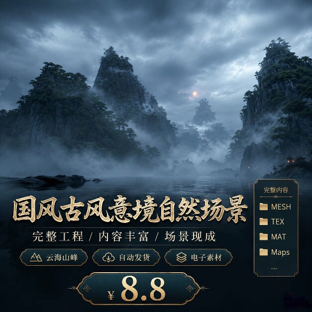 UE5虚幻5国风古风大山浓雾山脊云海自然场景素材完整工程合集5.3+