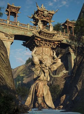 UE5.1中式古风高山峡谷河木桥宝塔楼Echoes of the Ancient Gods