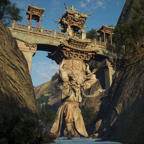 UE5.1中式古风高山峡谷河木桥宝塔楼Echoes of the Ancient Gods