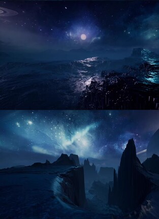 ue5虚幻5外星唯美夜晚宇宙山脉地形天空球月亮科幻峡谷自然场景