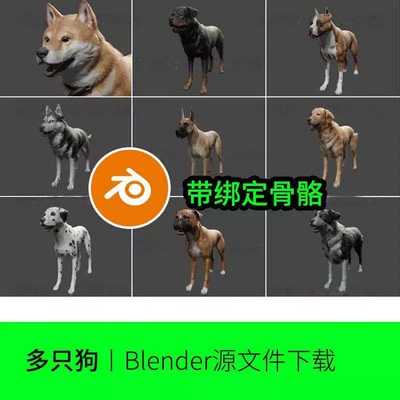 9款blender小狗绑定骨骼动物柴犬3D模型建模素材金毛材质边牧毛发