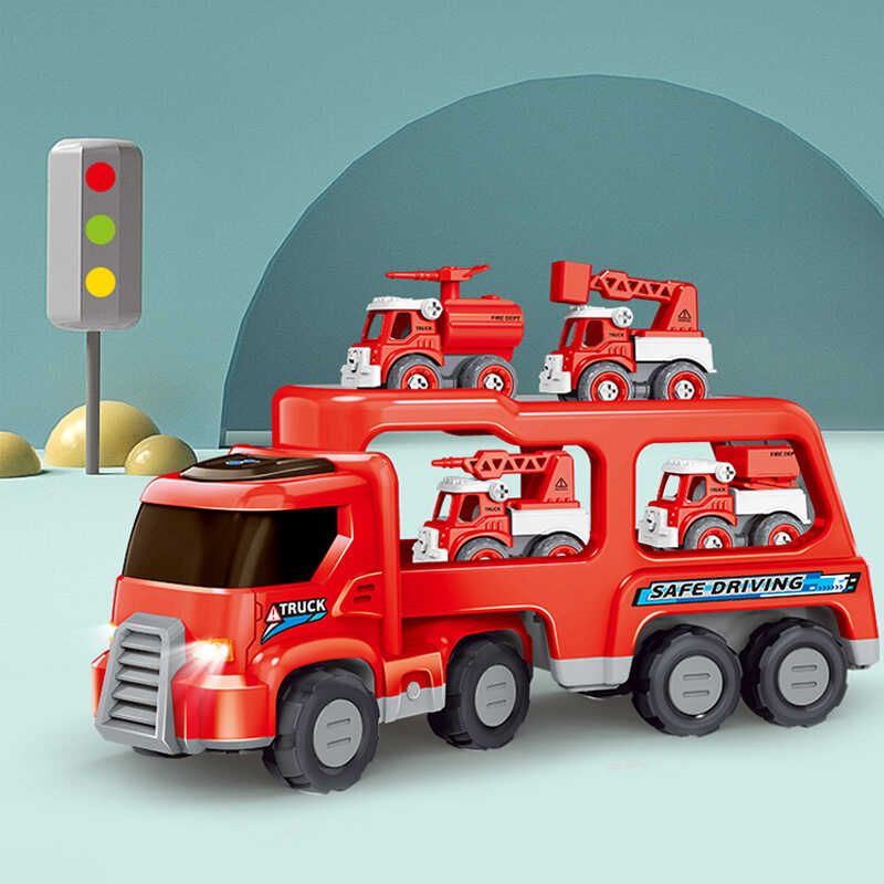 工厂直供跨境英文组装惯性运输消防车模型套装男孩大号双层玩具车