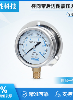 YN75T 1MPa/10bar船用径向带后边耐震压力表不锈钢外壳抗震压力表