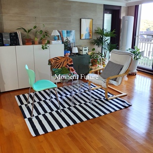 Moment Future地毯韩系现代简约三排条纹黑白水晶绒地毯卧室客厅