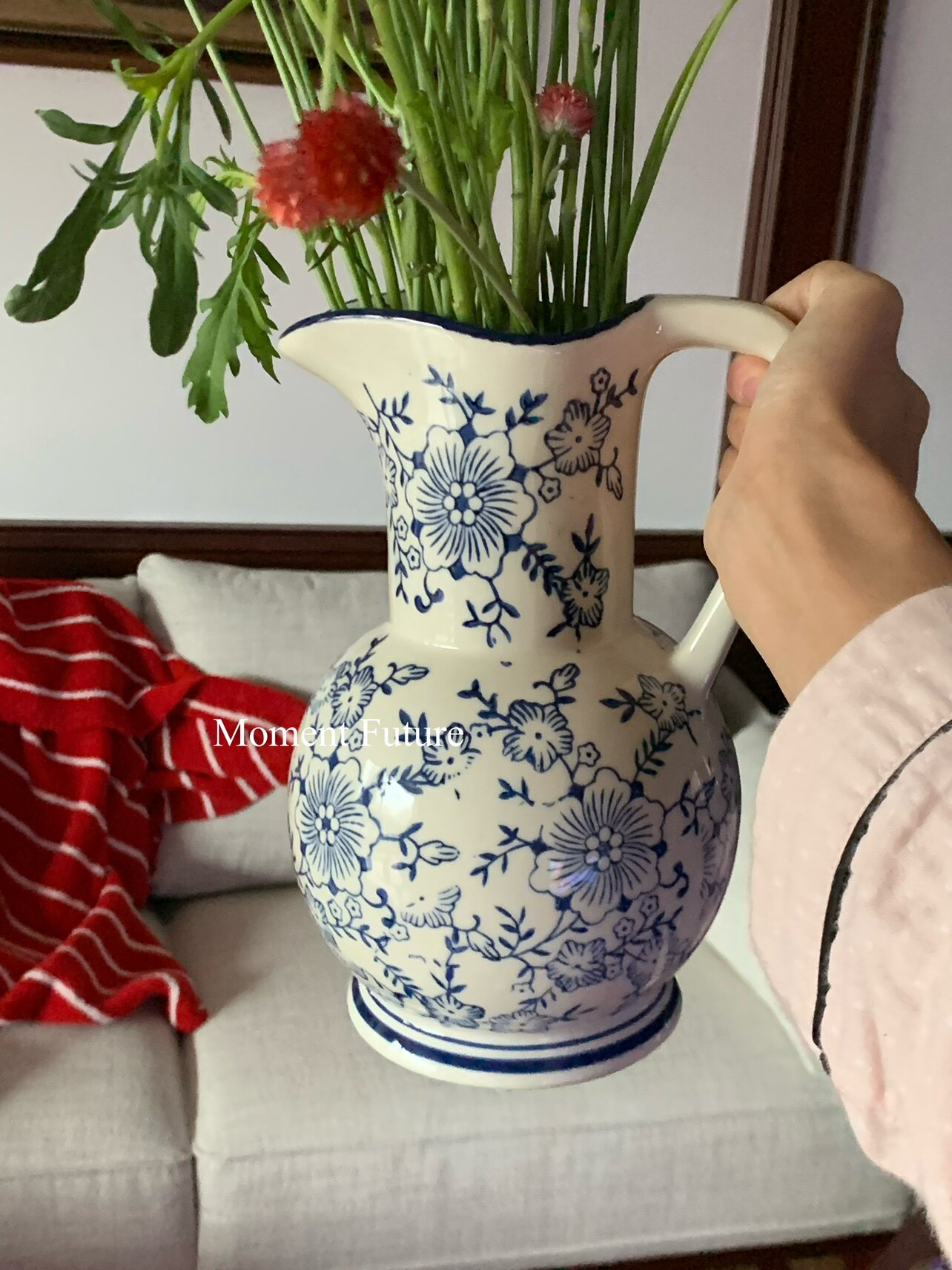 Moment Future美式复古田园花瓶陶瓷做旧感白釉青花奶壶瓷器摆件