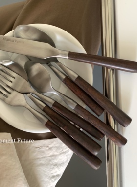 Moment Future木质圆柄哑光不锈钢复古刀叉勺西餐甜品叉勺餐具