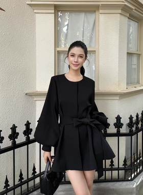 VANE气质时尚圆领系带风衣2025秋装新款宽松百搭中长外套女25290
