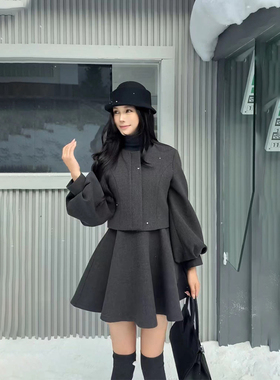 VANE泡泡袖呢子外套两件套女2025冬装新款韩版连衣裙套装25381