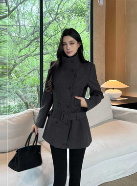 VANE双排扣系带呢子大衣2025冬新装韩版时尚百搭中长款外套25339
