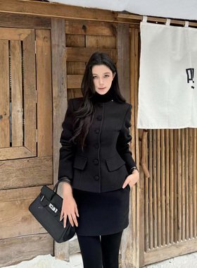 VANE单排扣呢子外套套装裙2025冬装新款韩版高腰短裙两件套25360