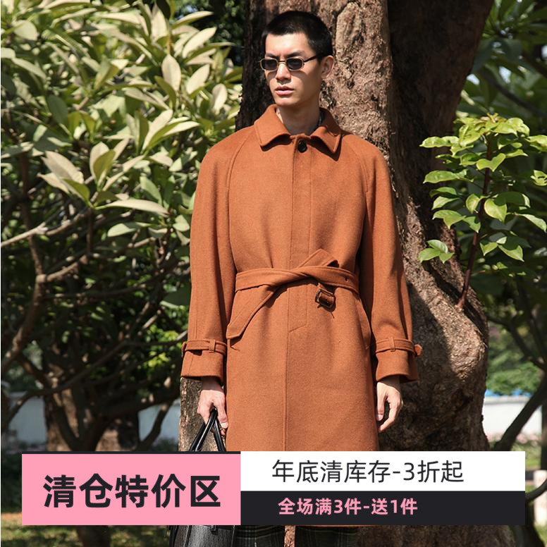 vintage高级羊绒大衣 复古型潮翻领系带修身中长款羊毛呢外套男