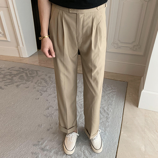 夏季免腰带韩版宽松休闲裤阔腿裤九分男士高腰翻边直筒翻边西裤男