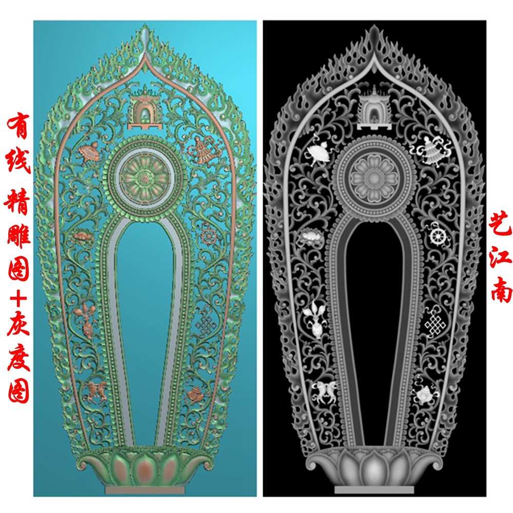 1828藏式八宝莲花佛像背景浮雕精雕jdp灰度bmp格式木雕牙雕图