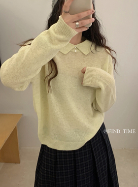 100%绵羊毛韩国 find-学院风翻领简约纯色全毛翻领针织衫L60906