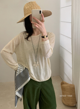 find Time-气质极简卷边圆领亚麻羊毛针织衫含16.3绵羊毛L61256