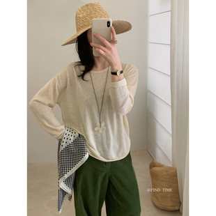 find Time-气质极简卷边圆领亚麻羊毛针织衫含16.3绵羊毛L61256