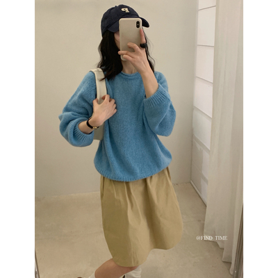 韩系慵懒松弛感圆领卷边针织衫