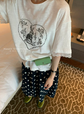 peanut花生家-2026夏上新慵懒俏皮爱心兔子短袖T恤上衣女1877