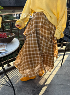MADEIN OST-2026年早春复古轻法式格纹层叠慵懒飘逸半身裙91076