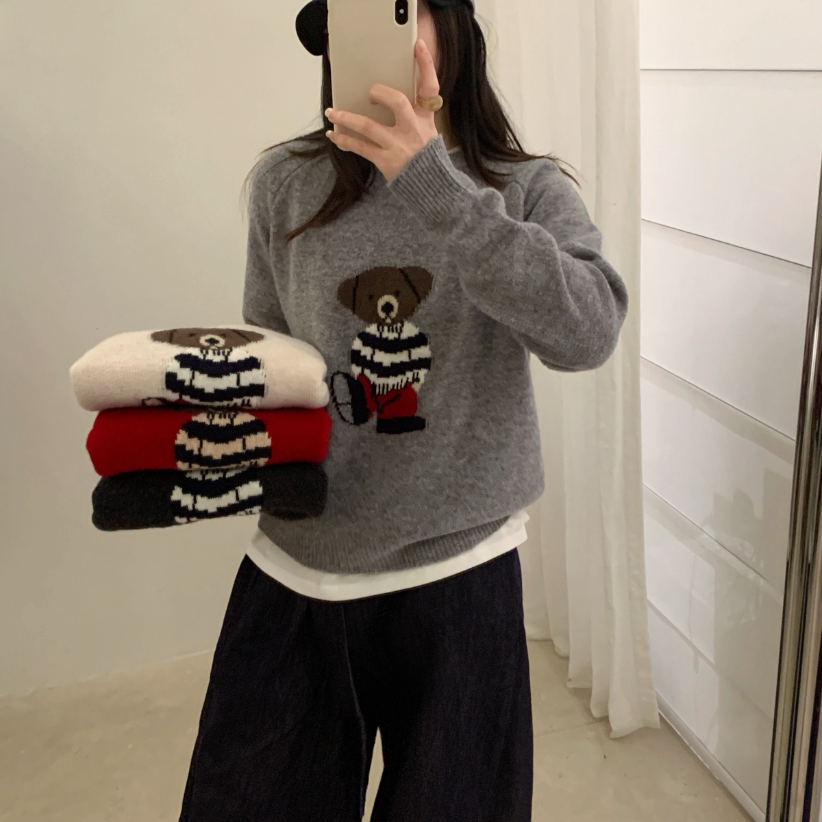 羊毛减龄小熊提花圆领百搭毛衣