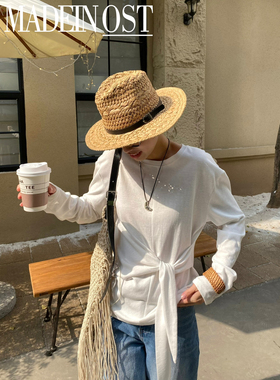 MADEIN OST-2026年早春法式时尚空气棉麻侧绑带长袖T恤91197