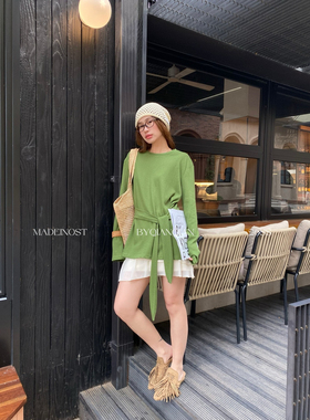 MADEIN OST-2026年早春慵懒棉麻空气感绑带长袖T恤百搭上衣91201