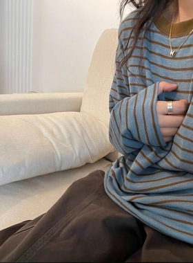 lirose韩国秋季蓝黄撞色条纹长袖T恤慵懒宽松休闲针织打底衫女