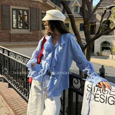 慵懒轻法式荷叶边条纹绑带衬衫