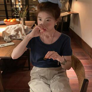 have u韩系ins2025春季新款大U领10%羊毛基础短袖T恤女宽松上衣