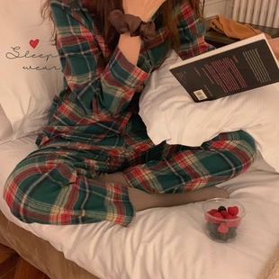 居家服套装 现货韩国东大门 宅家复古格子睡衣 慵懒 chic春秋