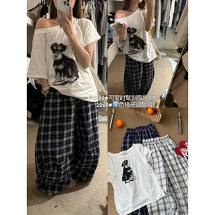 T恤E2059 一字肩狗狗图案慵懒宽松舒适随性百搭短袖 lirose