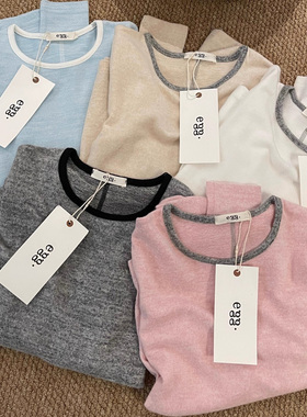 韩国东大门eeg鸡蛋家 磨毛软糯舒适撞色圆领长袖打底衫缝线T恤女