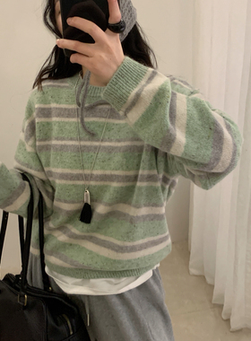 55.6%绵羊毛find Time韩国休闲撞色条纹圆领保暖毛衣针织衫L61173