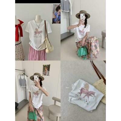 减龄通勤小马印花百搭短袖T恤