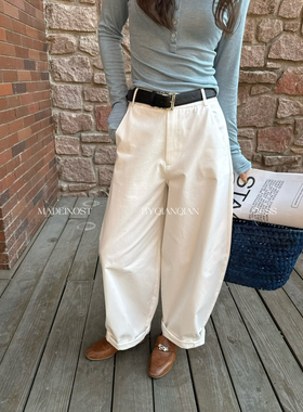 lirose-2026年早春极简英伦棉质收裤脚休闲裤阔腿裤配腰带91196