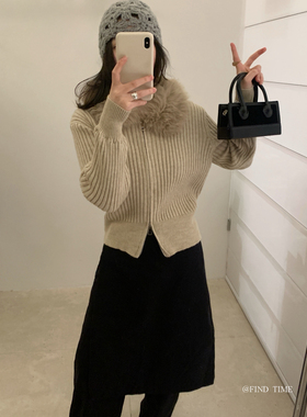 Find Time-～26年早春简约复古毛毛领拉链毛衣外套针织开衫L61211