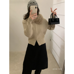 Find Time-～26年早春简约复古毛毛领拉链毛衣外套针织开衫L61211