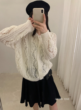 find Time-韩系复古镂空圆领纽扣针织开衫（含11.7绵羊毛）L61255