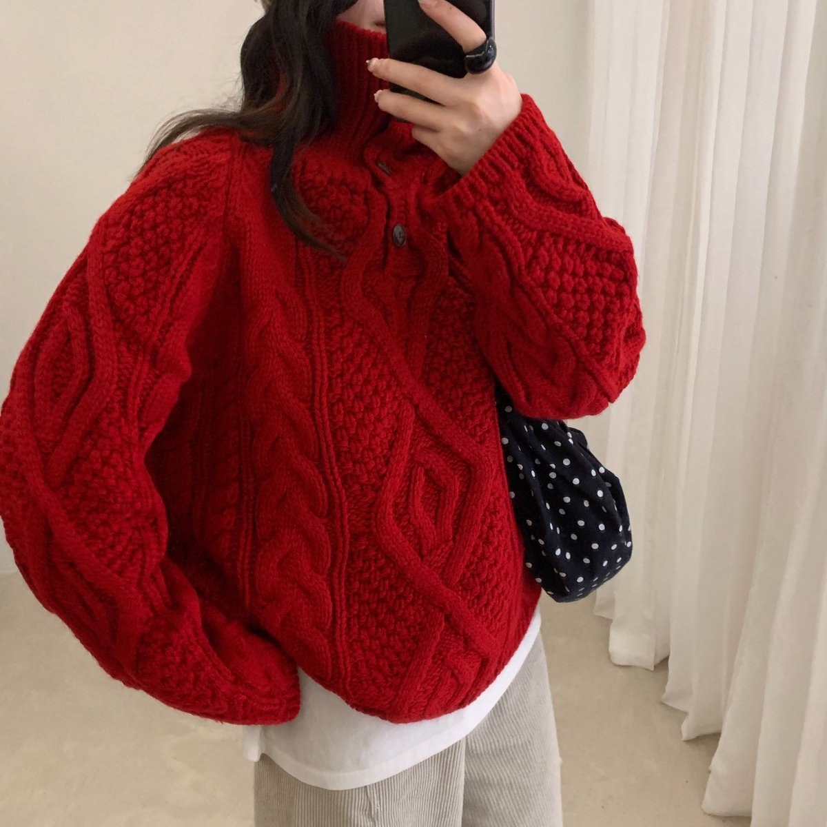 韩系复古麻花半纽扣高领毛衣女