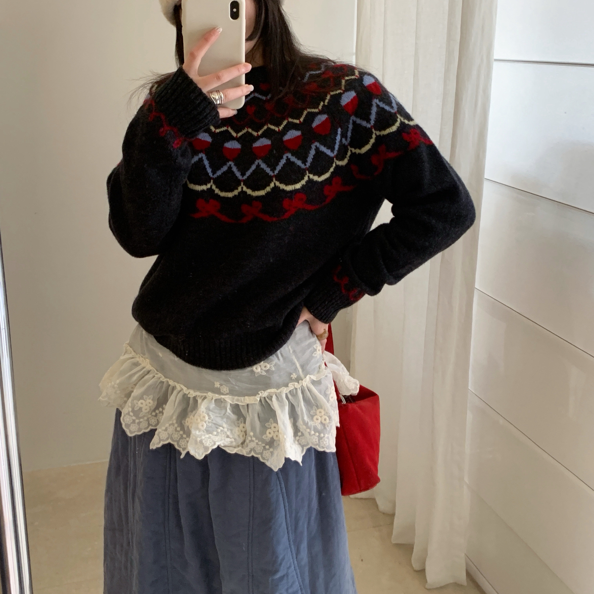 复古费尔岛圆领插肩套头保暖毛衣