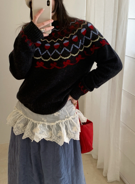 100%绵羊毛find Time-复古费尔岛圆领插肩套头保暖毛衣女L61187