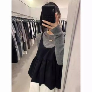 韩系高级感春秋季穿搭小个子针织吊带灰色针织打底衫休闲两件套装