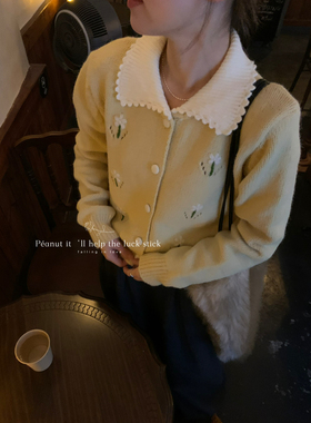 peanut花生家韩国秋冬减龄浪漫暖冬重工艺钩花翻领保暖毛衣1278