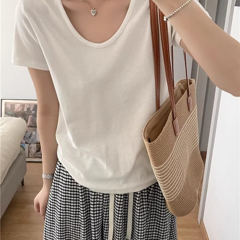 天丝亚麻显瘦正肩鹅蛋领短袖T恤